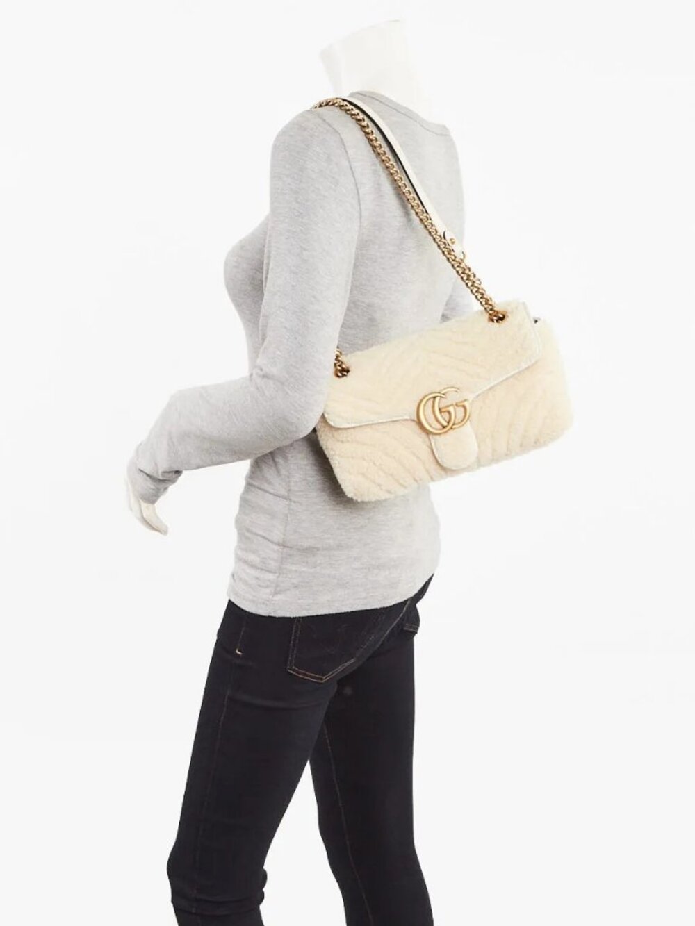 Gucci White Shearling GG Marmont Small Shoulder Bag - Picture 1 of 10